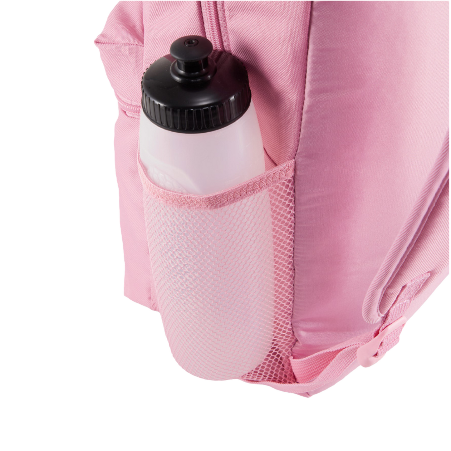 Vista lateral de la mochila Puma Phase color rosa mauve, con portabotellas en malla y acabado liso