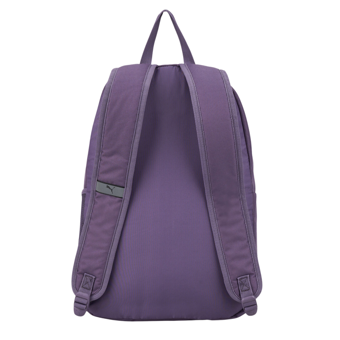 Vista trasera de la mochila Puma Phase Blocking en tonos morado y violeta con correas ajustables acolchadas