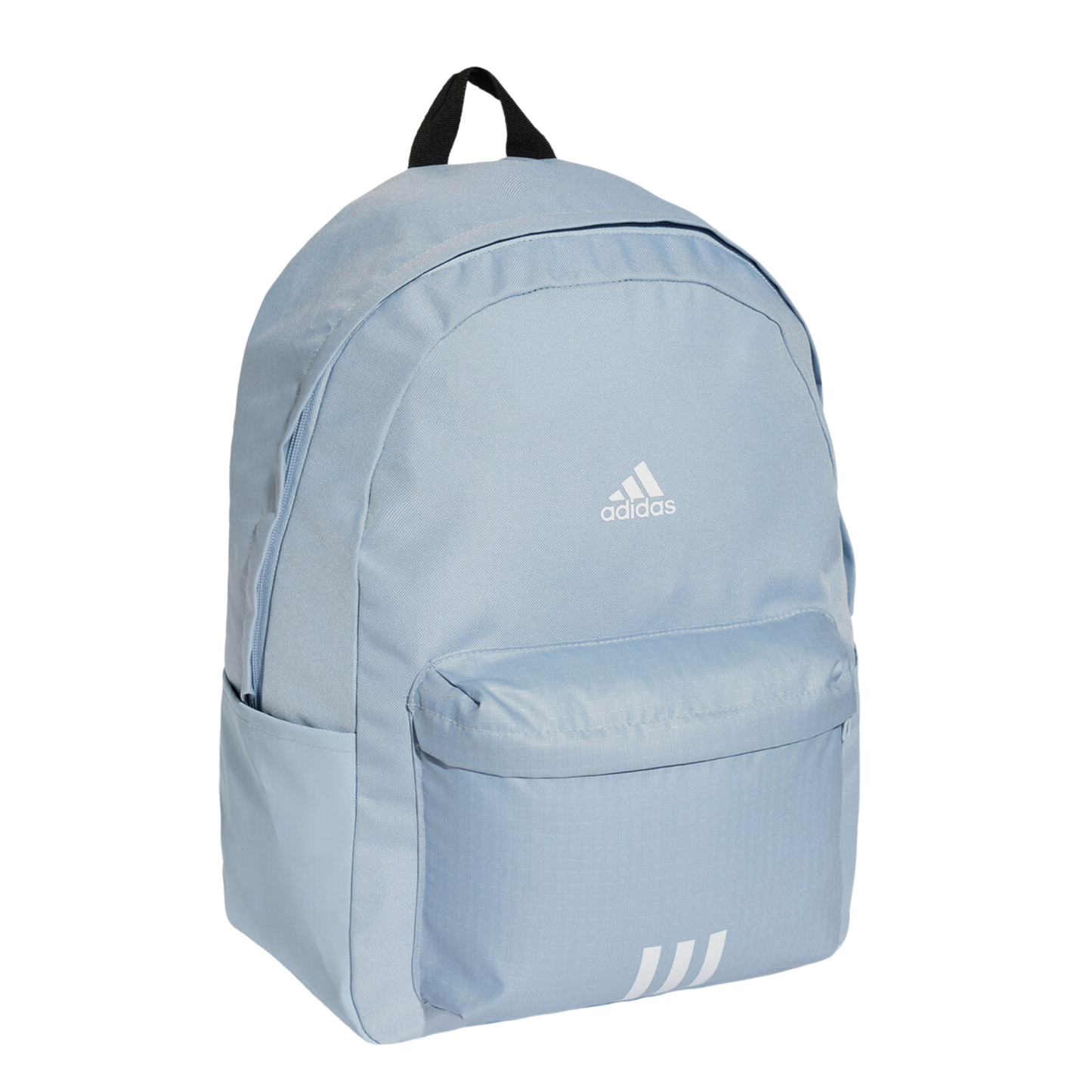 Vista frontal de la mochila Adidas Classic BOS 3S en color azul cielo, con logo Adidas blanco y tres franjas