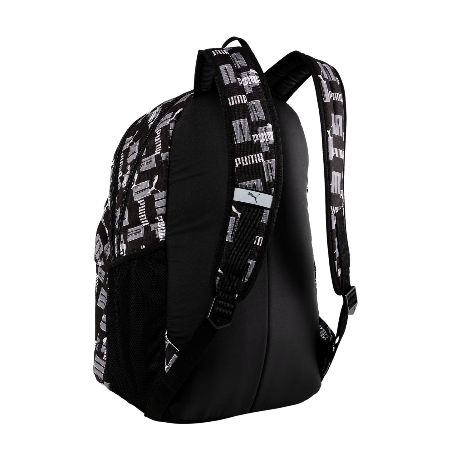 Mochila Puma Academy negra con diseño de logotipos – vista trasera con tirantes acolchonados