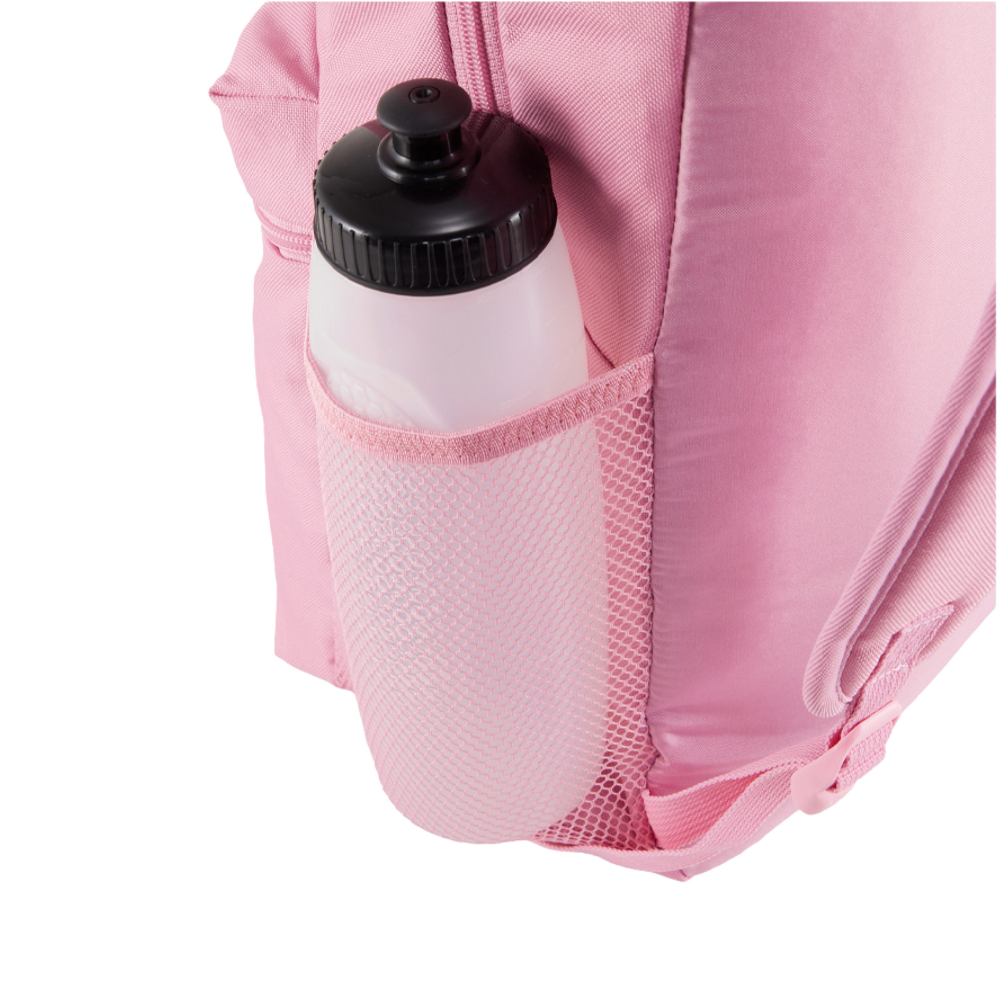 Vista lateral de la mochila Puma Phase color rosa mauve, con portabotellas en malla y acabado liso