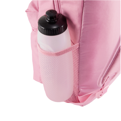 Vista lateral de la mochila Puma Phase color rosa mauve, con portabotellas en malla y acabado liso