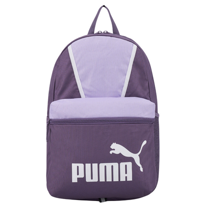 Vista frontal de la mochila Puma Phase Blocking en tonos púrpura con diseño en bloques y logotipo Puma en blanco