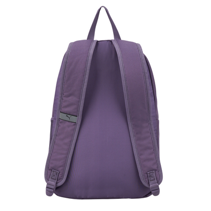 Vista trasera de la mochila Puma Phase Blocking en tonos morado y violeta con correas ajustables acolchadas