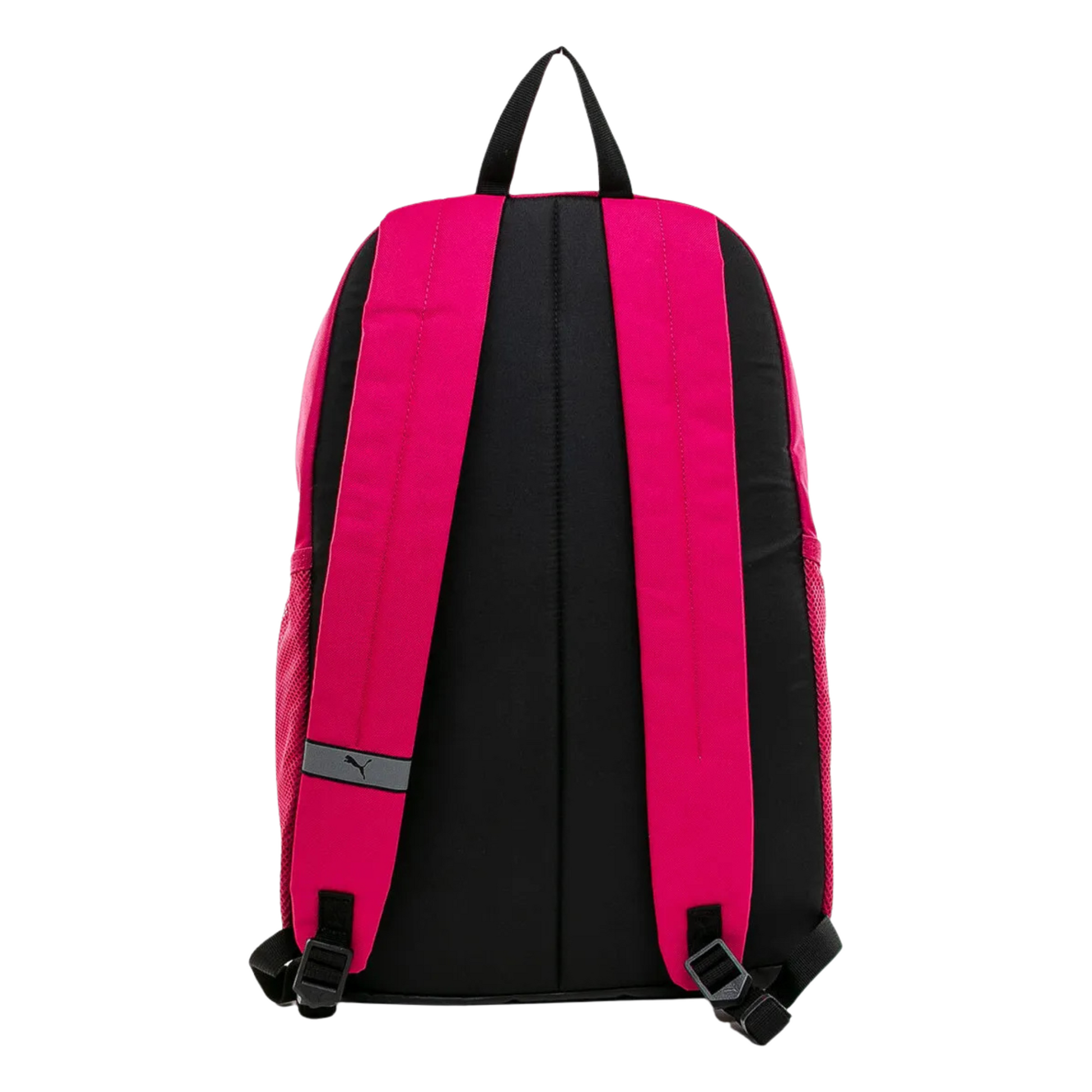 Vista trasera de la Mochila Puma Plus Backpack en tono rosa intenso Garnet Rose, con correas ajustables y acolchadas